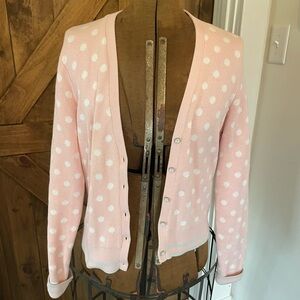 Brooks Brothers Pink and White Polka Dot Cardigan with light blue trim